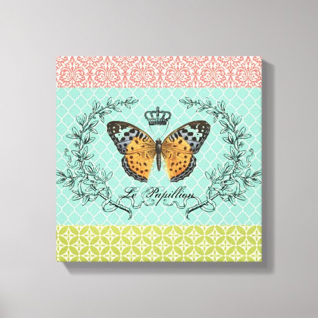 Modern vintage butterfly stretched canvas print (Front)