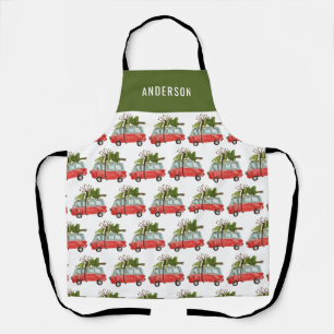 Modern vintage camper van Christmas tree family Apron