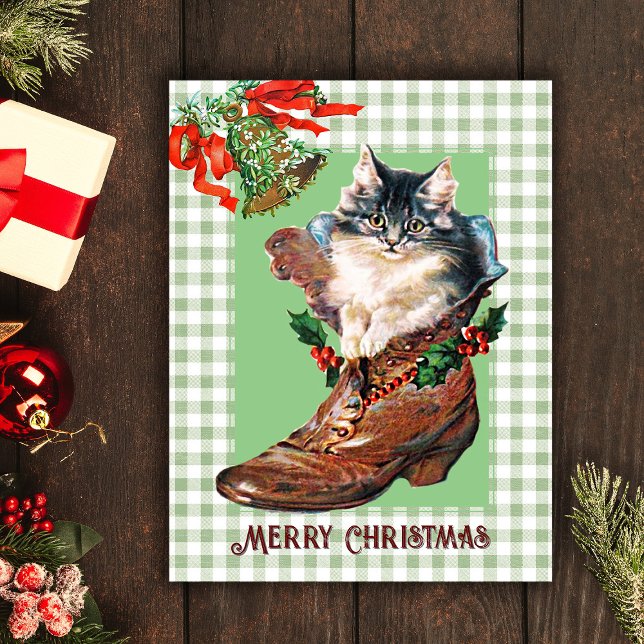 Modern Vintage Christmas Kitten in Boot Sage Plaid Holiday Postcard (Creator Uploaded)