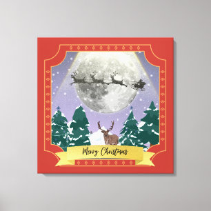 Modern Vintage Christmas Night with Santa Reindeer Canvas Print
