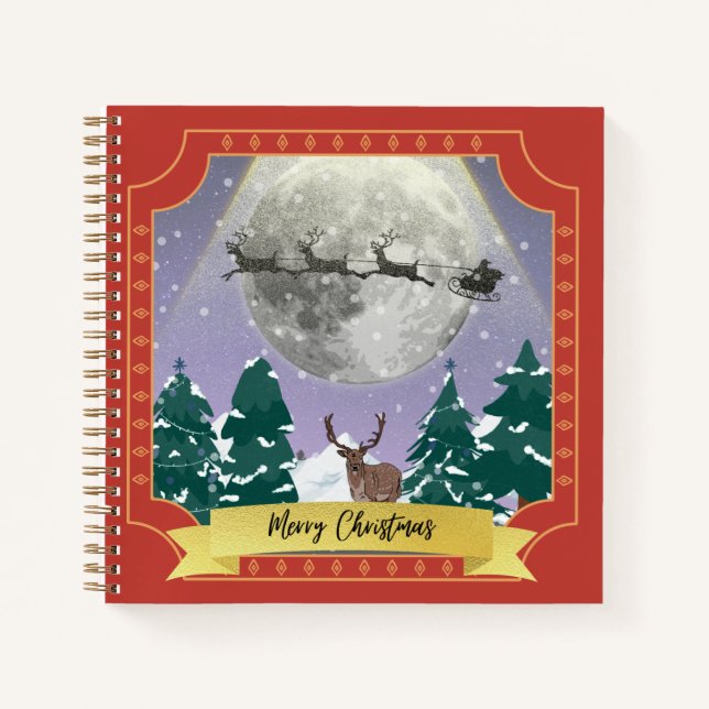 Modern Vintage Christmas Night with Santa Reindeer Notebook (Front)