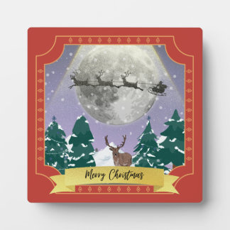 Modern Vintage Christmas Night with Santa Reindeer Plaque