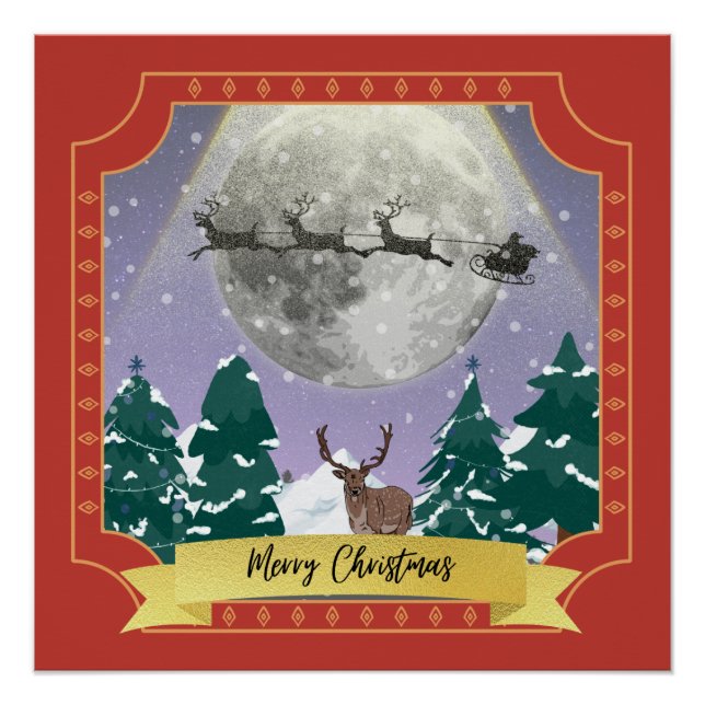 Modern Vintage Christmas Night with Santa Reindeer Poster (Front)