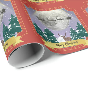 Modern Vintage Christmas Night with Santa Reindeer Wrapping Paper