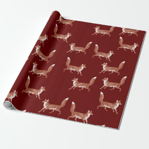 Modern Vintage Cute Fox Pattern Dark Red Wrapping Paper