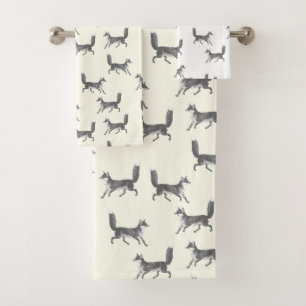 Modern Vintage Cute Grey Fox Pattern on Ivory Bath Towel Set