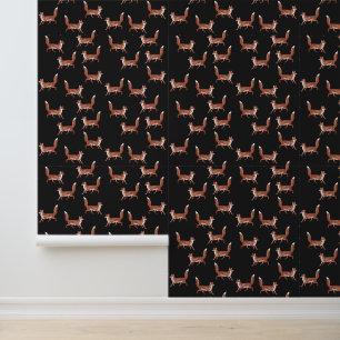 Modern Vintage Cute Red Fox Pattern on Black Wallpaper