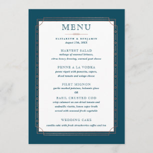 Modern Vintage Dark Teal Rose Gold Foil Wedding Menu