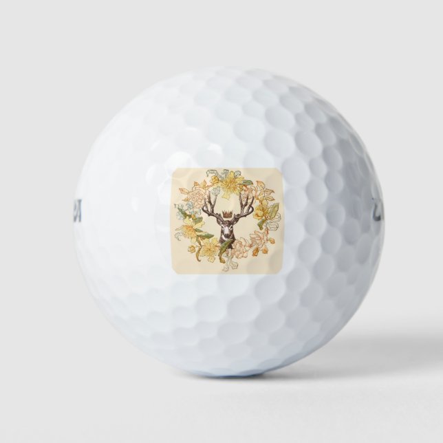 Modern Vintage Deer Rustic Pink flower Golf Balls (Front)