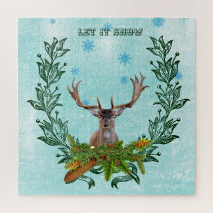 Modern Vintage Deer Rustic Winter Snowflakes Blue Jigsaw Puzzle