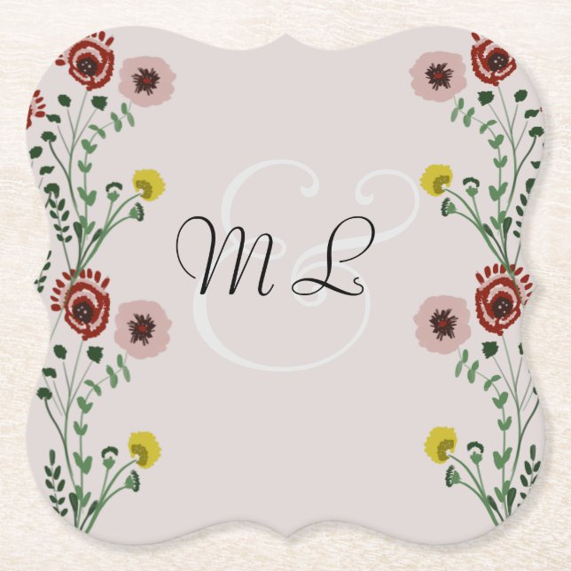 Modern Vintage Embroidered Floral Wedding Paper Coaster (Front)