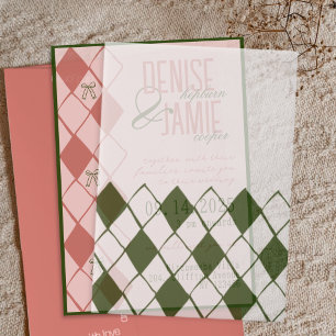 Modern Vintage Emerald Green Cosy Argyle Wedding Vellum Invitations