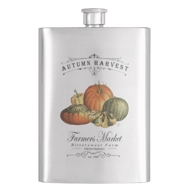 modern vintage fall gourds and pumpkin hip flask (Front)