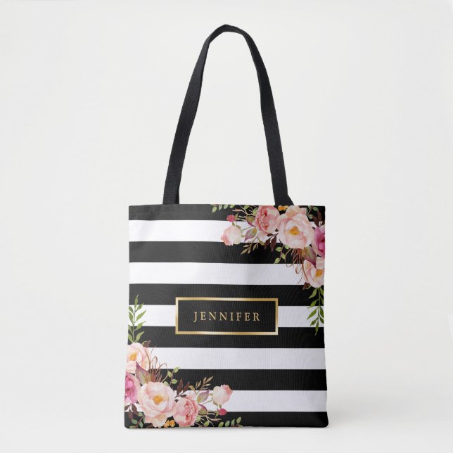 Modern Vintage Floral Classic Black White Stripes Tote Bag (Front)