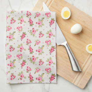 Modern Vintage Floral Pink Rose Tan Kitchen Towel