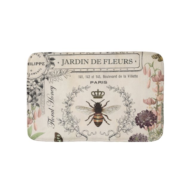 Modern Vintage French Bee garden Bath Mat (Front)
