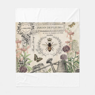 Modern Vintage French Bee garden Fleece Blanket