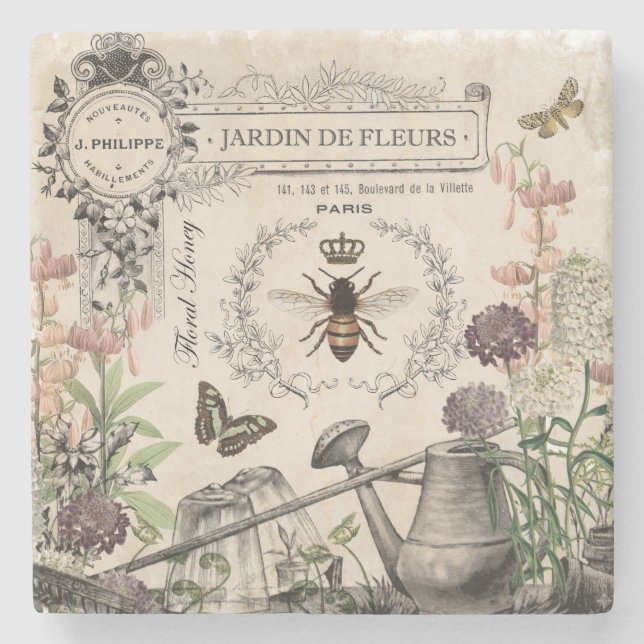 Modern Vintage French Bee garden Stone Coaster (Front)