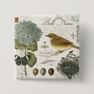 modern vintage French bird and nest 15 Cm Square Badge