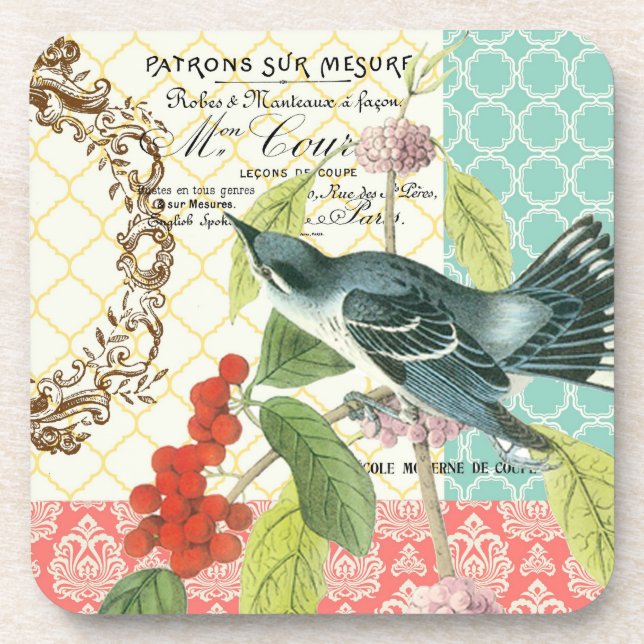 Modern Vintage French Bird coaster (Front)