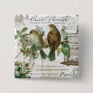 Modern Vintage French birds and birdcage 15 Cm Square Badge