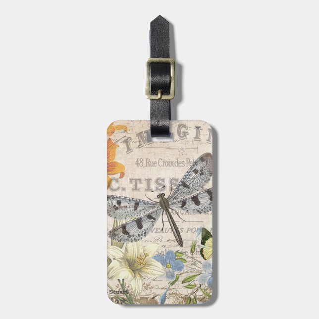 modern vintage french dragonfly luggage tag (Front Vertical)