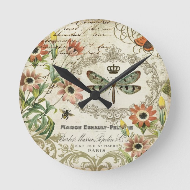 Modern Vintage French Dragonfly Round Clock (Front)