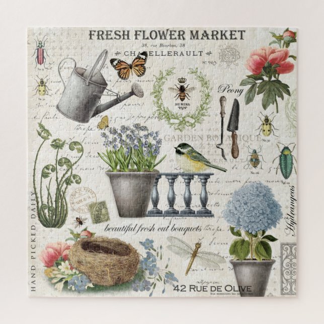 Modern Vintage french farmhouse flower garden Jigsaw Puzzle (Vertical)