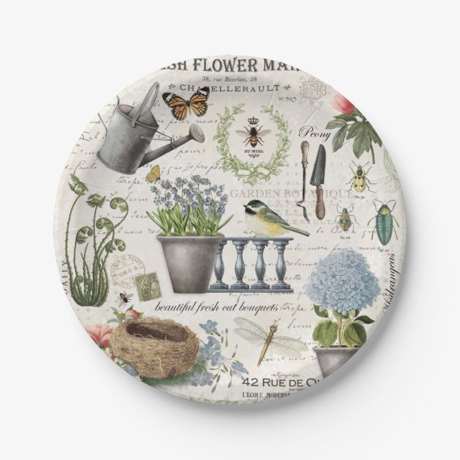 Modern Vintage french farmhouse flower garden Paper Plate (Front)