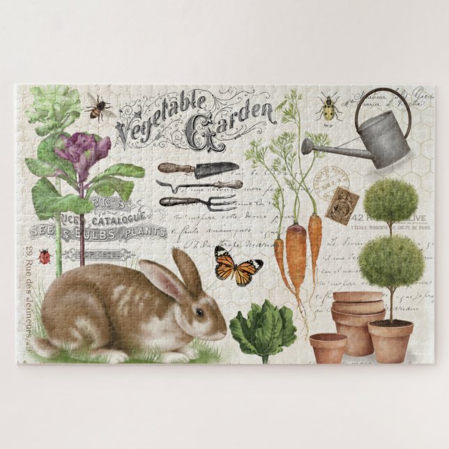 Modern Vintage French Farmhouse Garden Rabbit Jigsaw Puzzle (Horizontal)