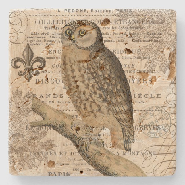 modern vintage french owl stone coaster (Front)
