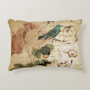 Modern Vintage french  Scripts bird botanical Decorative Cushion