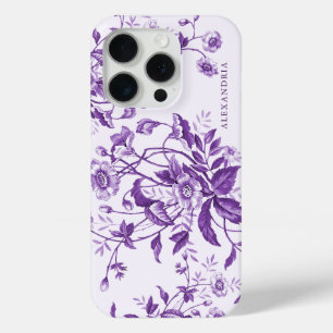 Modern Vintage French Toile Purple Floral iPhone 15 Pro Case