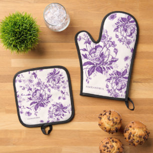 Modern Vintage French Toile Purple Floral Oven Mitt & Pot Holder Set