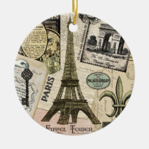Modern Vintage French travel collage Ceramic Tree Decoration