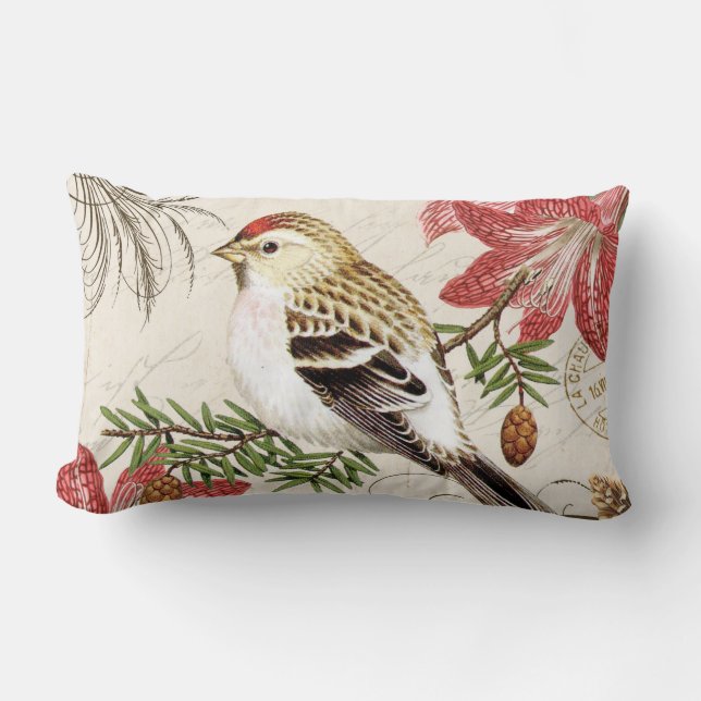 modern vintage french winter bird lumbar cushion (Front)