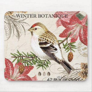 modern vintage french winter bird mouse pad