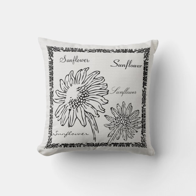 Modern vintage garden sunflower white burlap cushion (Front)