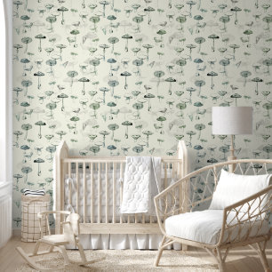 Modern Vintage Green White Mushrooms Wallpaper