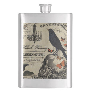 modern vintage halloween crow and skull hip flask