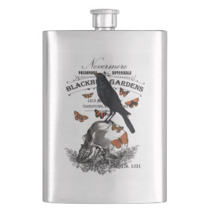 modern vintage halloween crow and skull hip flask