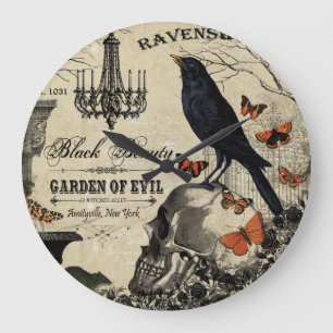 modern vintage halloween crow and skull large clock