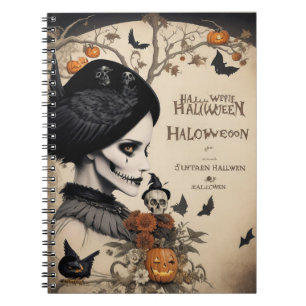 modern vintage halloween crow and skull notebook