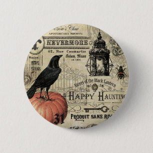 modern vintage halloween pumpkin and crow 6 cm round badge