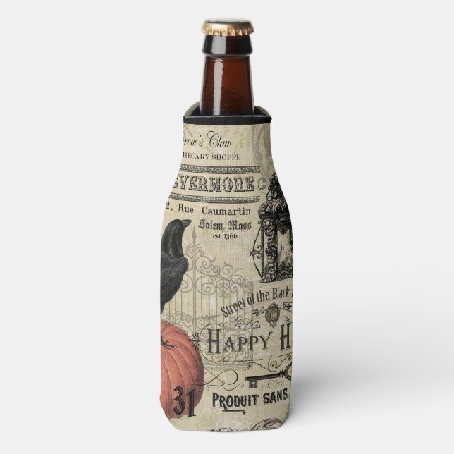 Modern Vintage Halloween pumpkin and crow Bottle Cooler (Bottle Front)