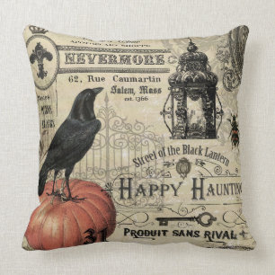 modern vintage halloween pumpkin and crow cushion