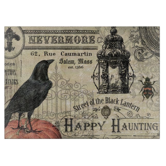 modern vintage halloween pumpkin and crow cutting board (Front)