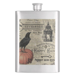 modern vintage halloween pumpkin and crow hip flask