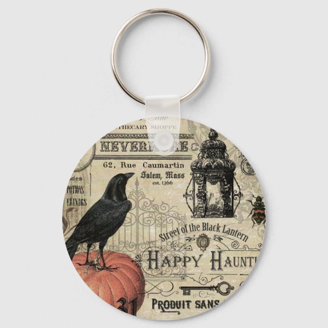 modern vintage halloween pumpkin and crow key ring (Front)
