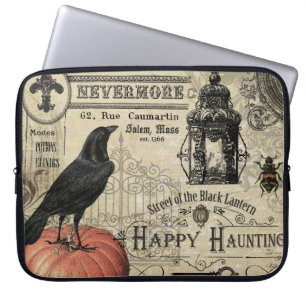 modern vintage halloween pumpkin and crow laptop sleeve